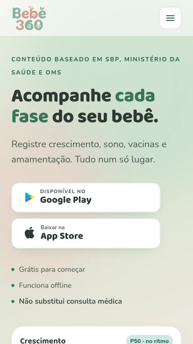 Tela do Bebê 360 no celular.