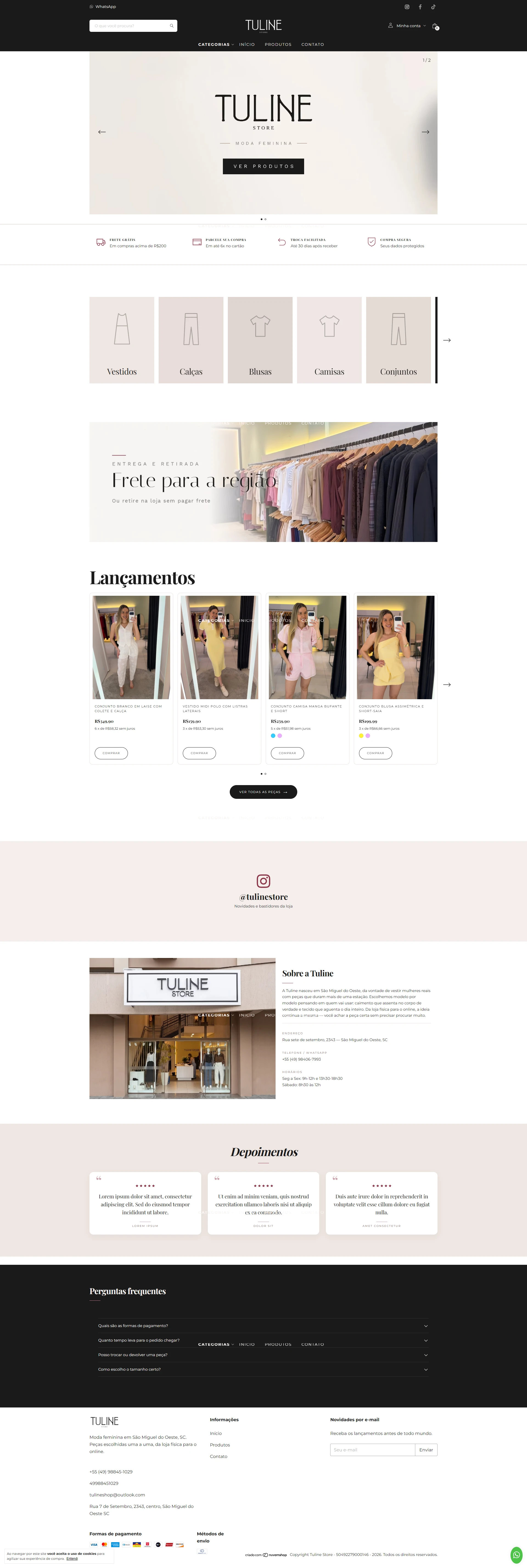 Loja virtual da Tuline Store, com vitrine de vestidos e aviso de frete grátis.
